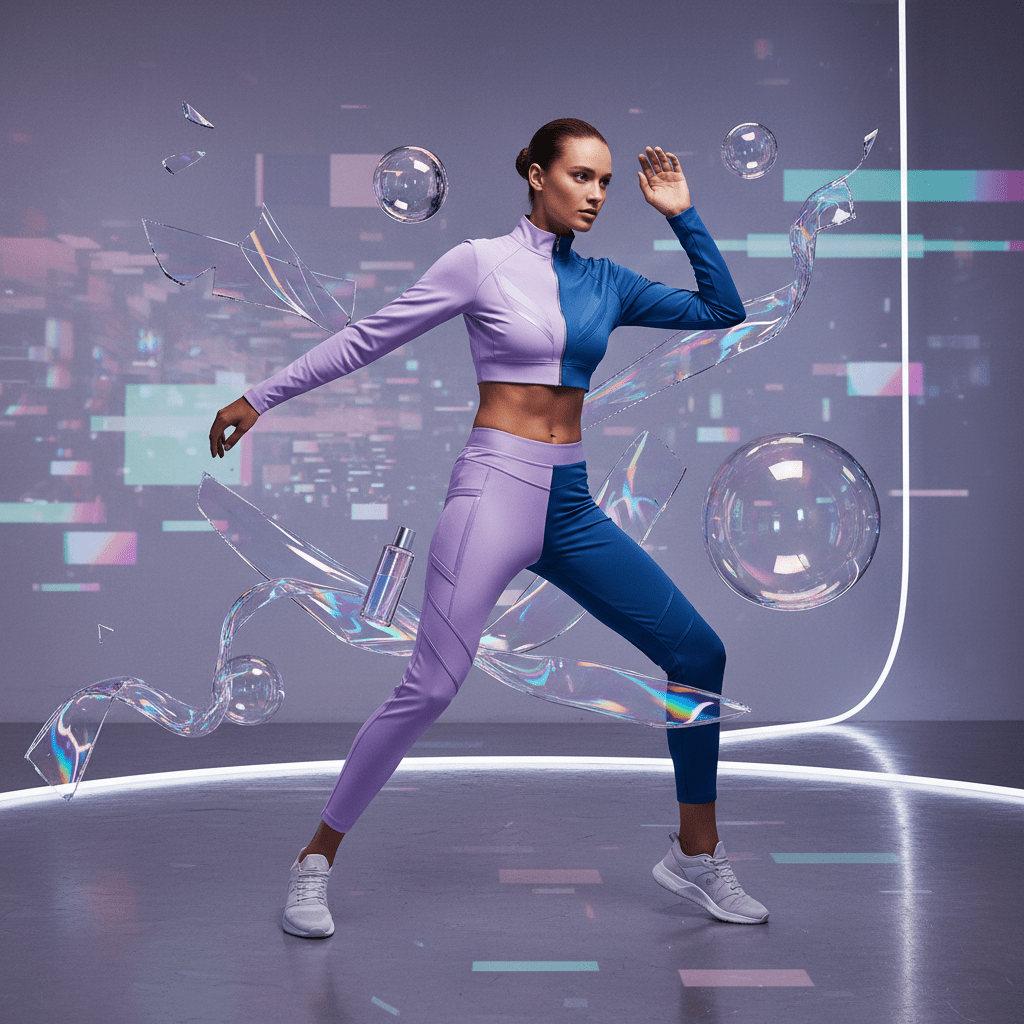 Futuristic activewear with holographic props and cosmetic packaging. Model in color-changing futuristic activewear with holographic props and bubble packaging.