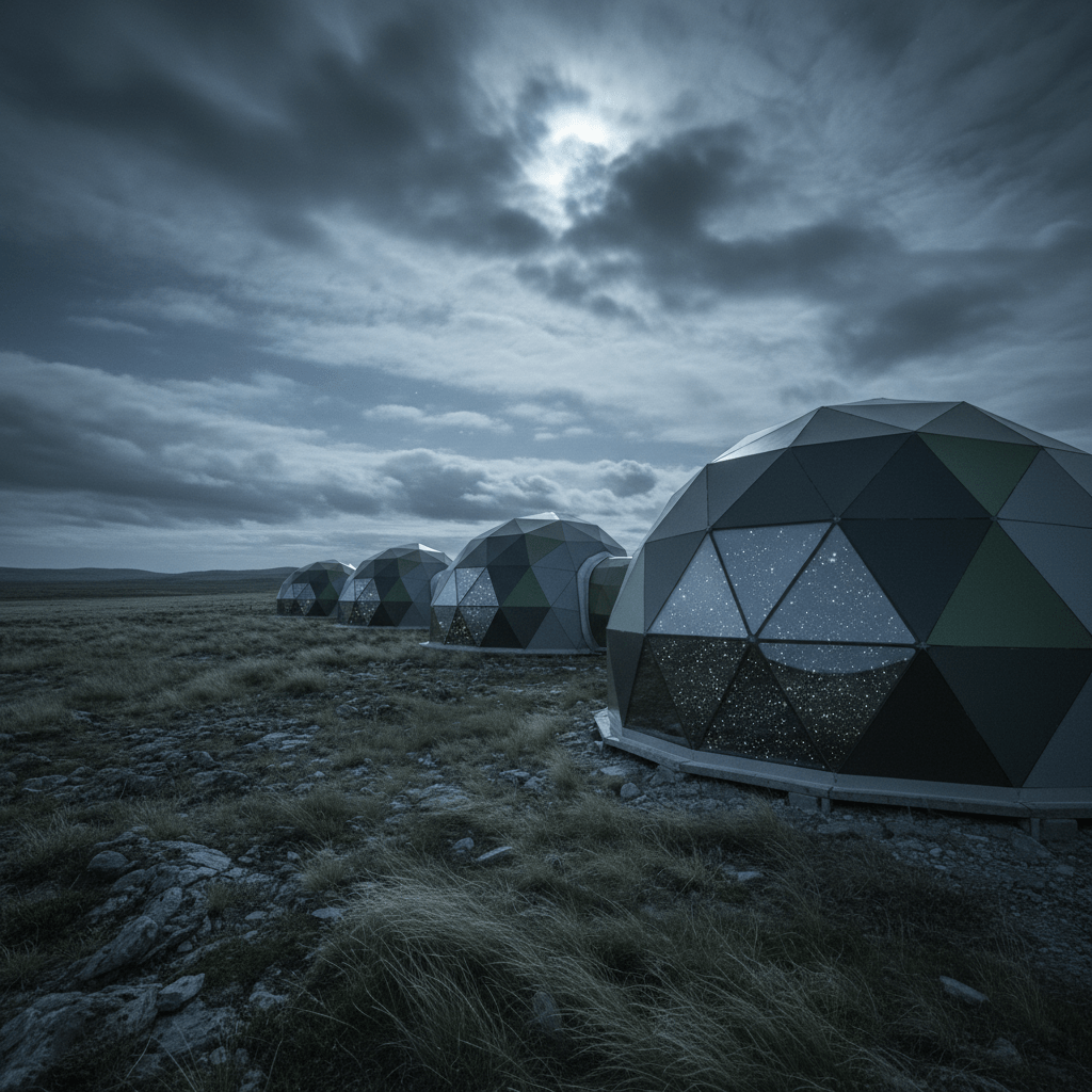 Sci-fi geodesic dome tents in a windy highland, reflecting a starry night sky.