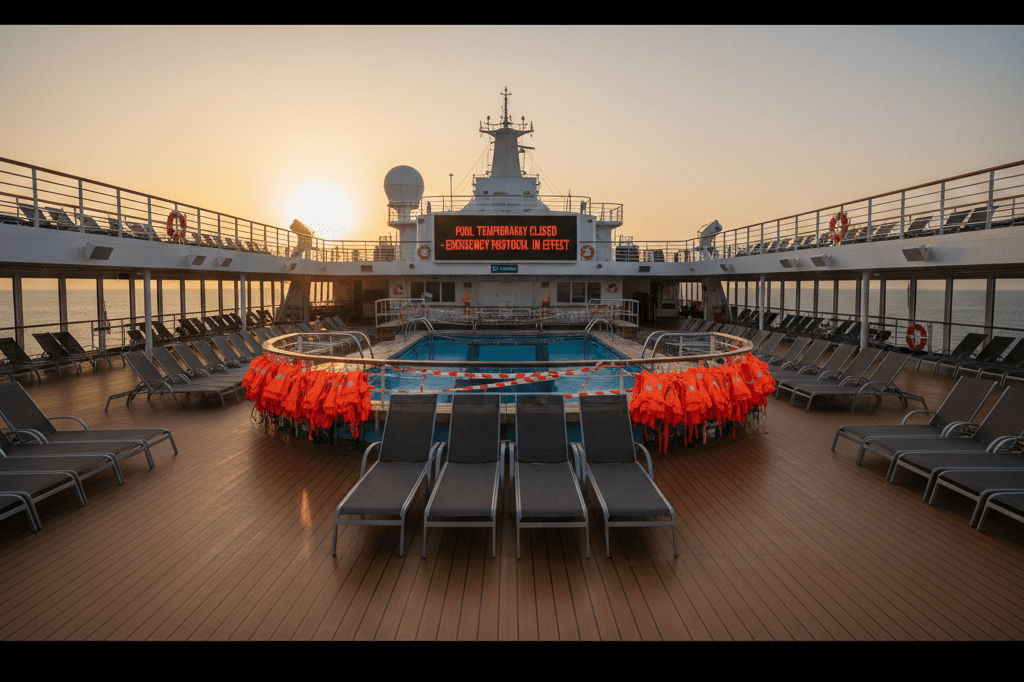 Wide-angle view of a deserted cruise ship pool area under warm sunset lighting, symbolizing operational impacts of false alarms