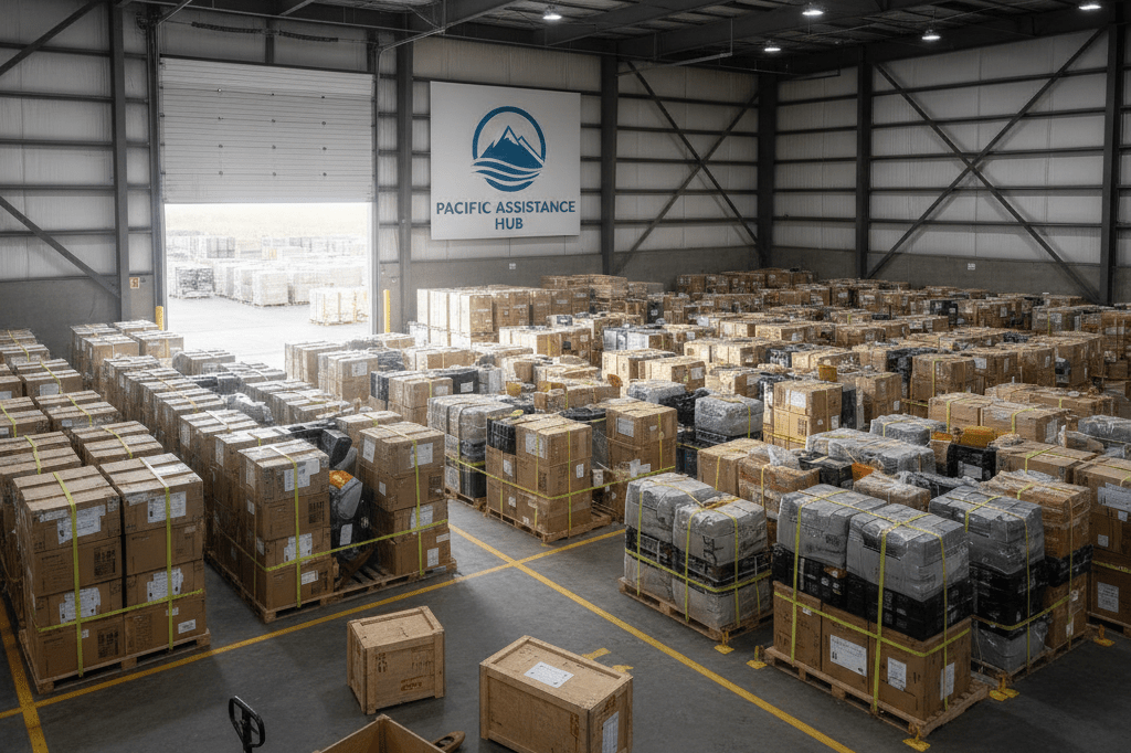 Interior view of a warehouse storing crates and disaster kits under natural lighting, highlighting readiness for seismic disruptions