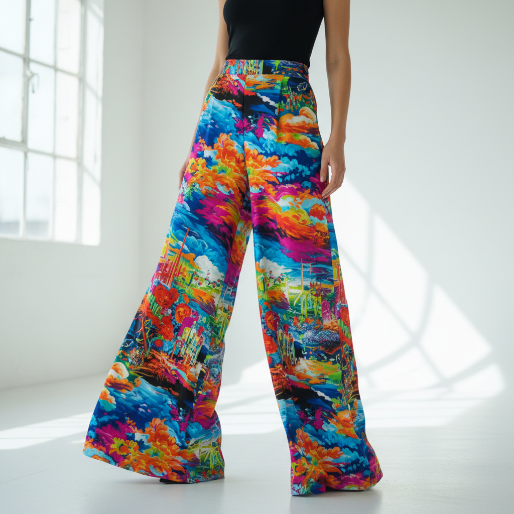 Wide-legged palazzo pants feature bold AI abstract brushstrokes and surreal landscapes.