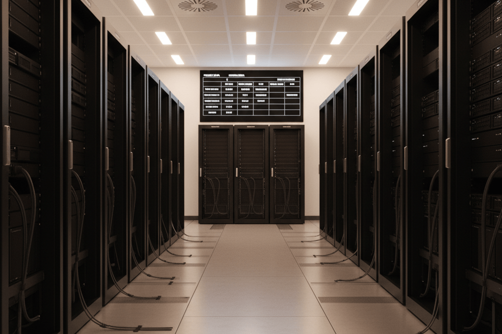Inactive servers and maintenance schedule displayed in a professional server room setting under warm ambient light