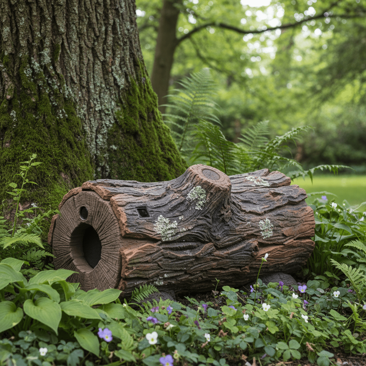Realistic faux log cat repellent with weathered bark textures in a garden setting.
