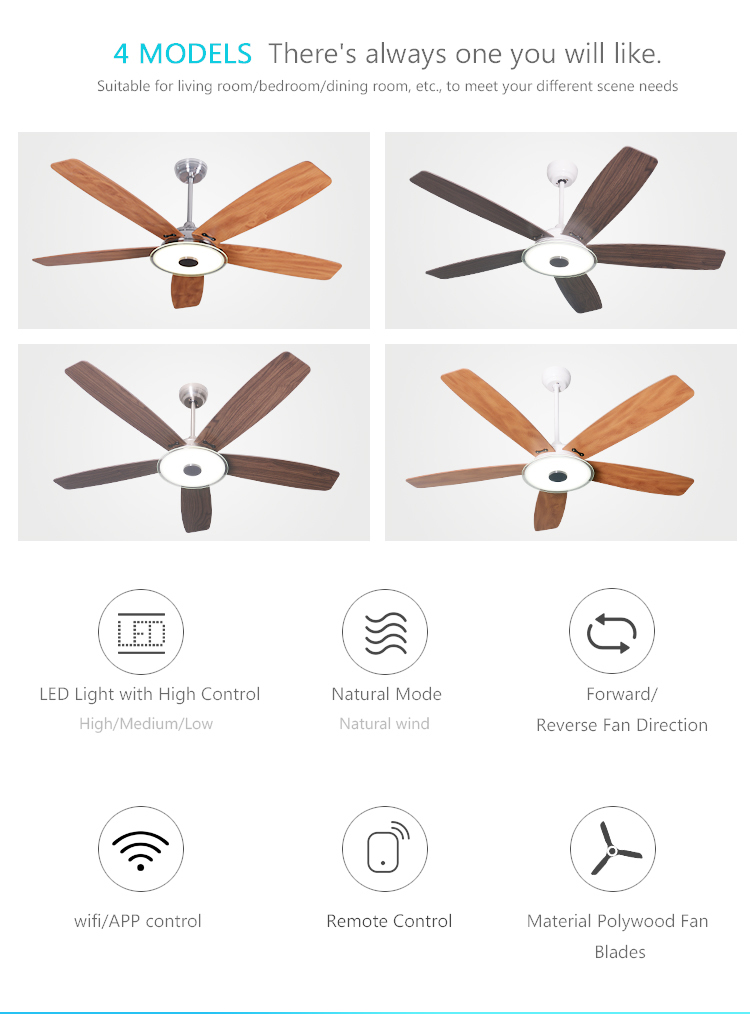 52 inches indoor modern design remote control LED light retractable DC ceiling fan