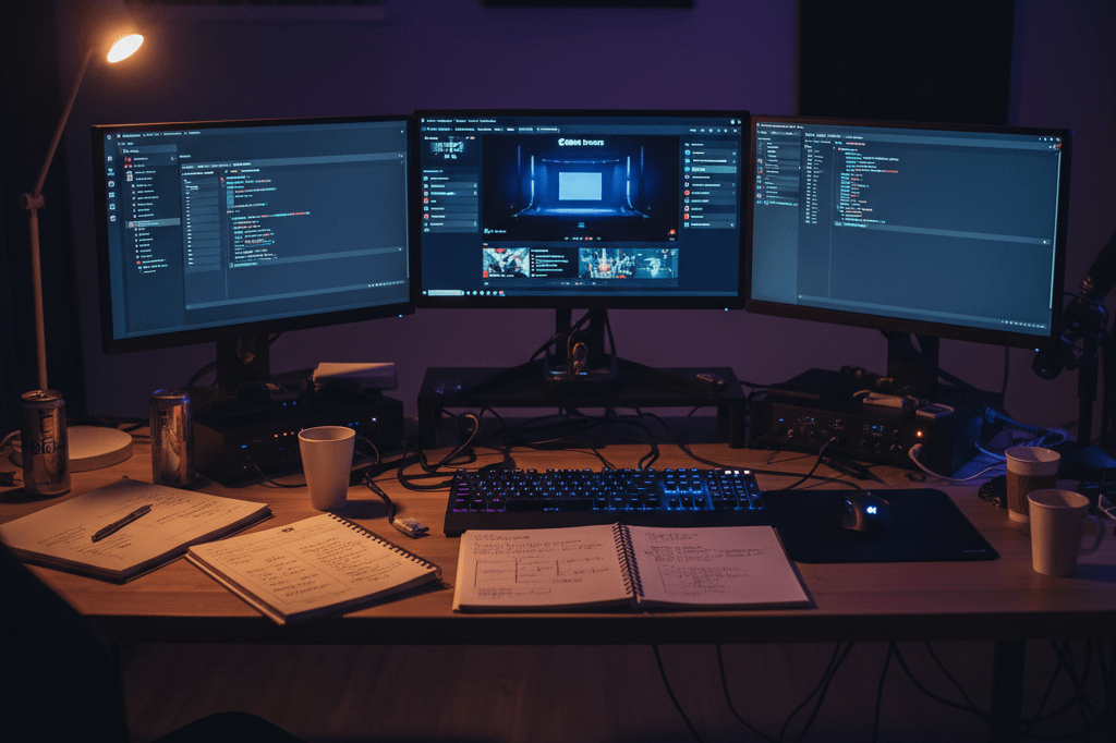 Desk with monitors showing livestream interfaces, notebooks with codes, and ambient lighting, symbolizing engagement tactics in gaming promotions