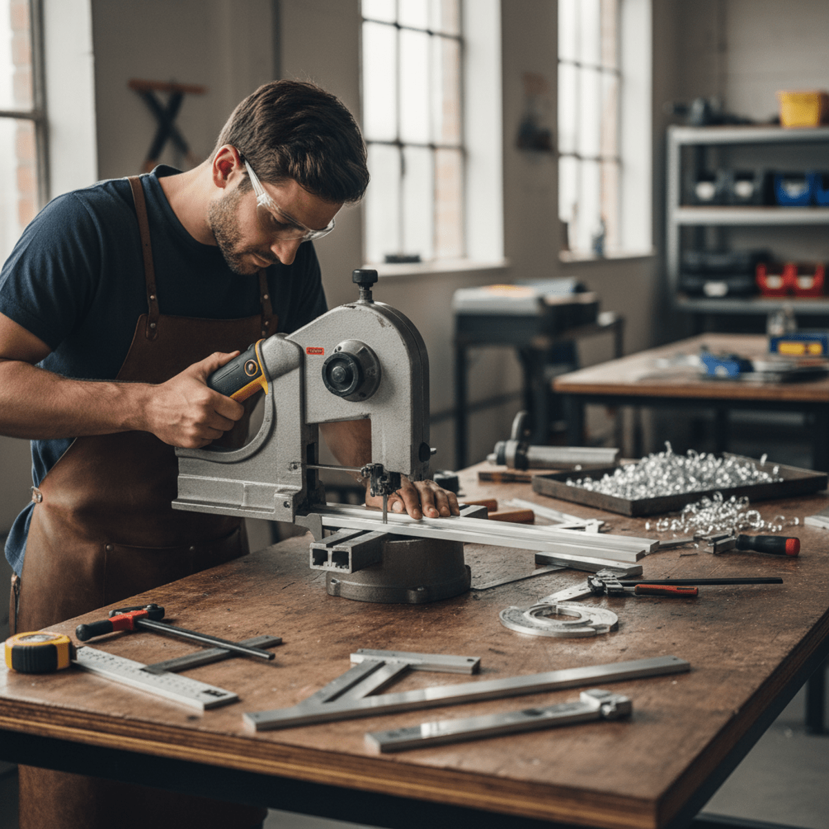 Craftsman precisely cutting aluminum for custom jigs with a portable band saw.