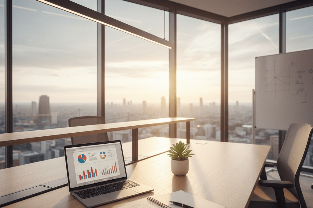 Wide shot of an organized office desk with data charts and cityscape view under blended natural and artificial lighting