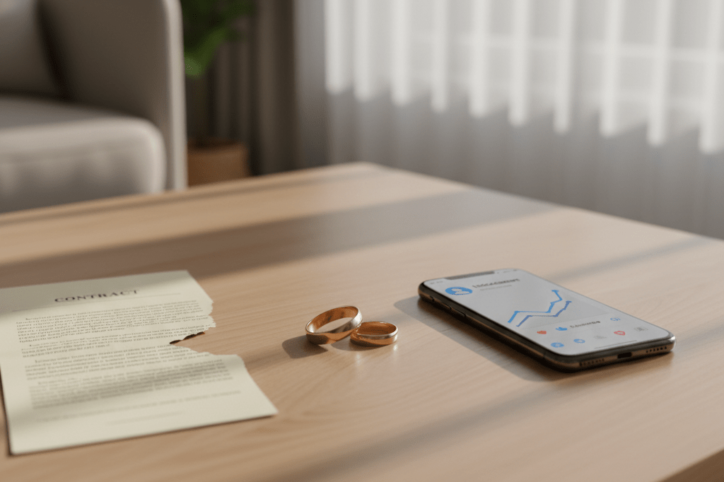 Two wedding rings next to torn contract and phone showing social media trends under natural light