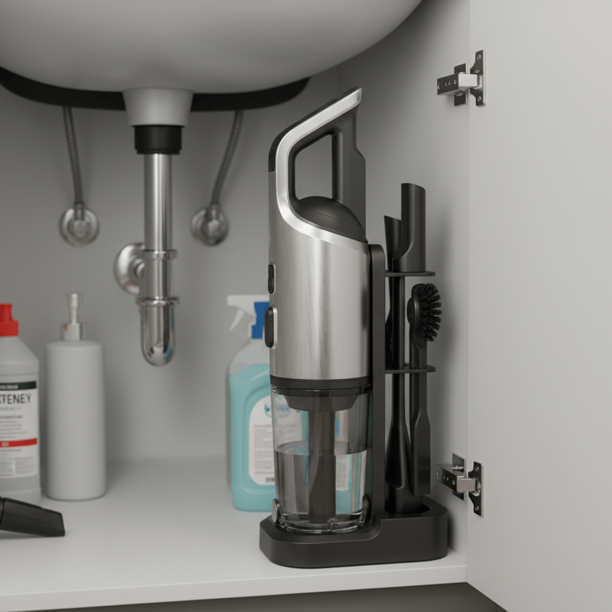 Compact vertical carpet cleaner neatly stored under sink. Sleek vertical carpet cleaner with matte black finish stored under apartment sink.