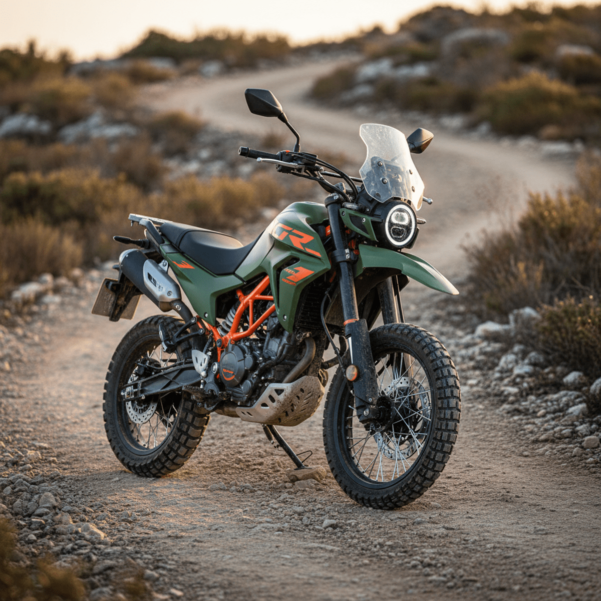 Olive drab adventure motorcycle with orange accents on a dusty dirt trail.