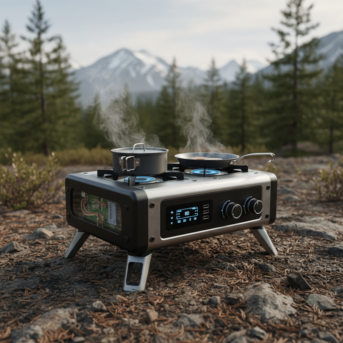 Futuristic outdoor stove set in a rugged wilderness campsite with snow-capped mountains.