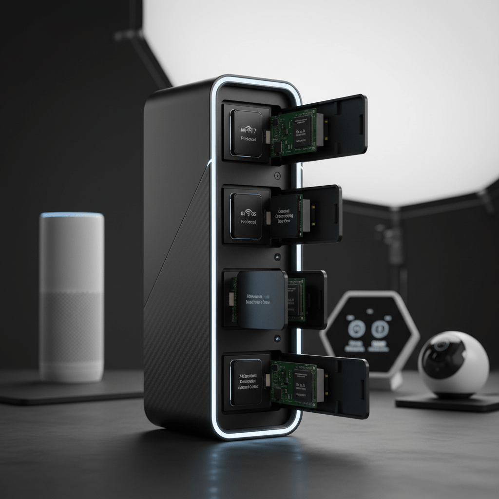 Modular modem router combo with detachable panels and AI upgrade slots.