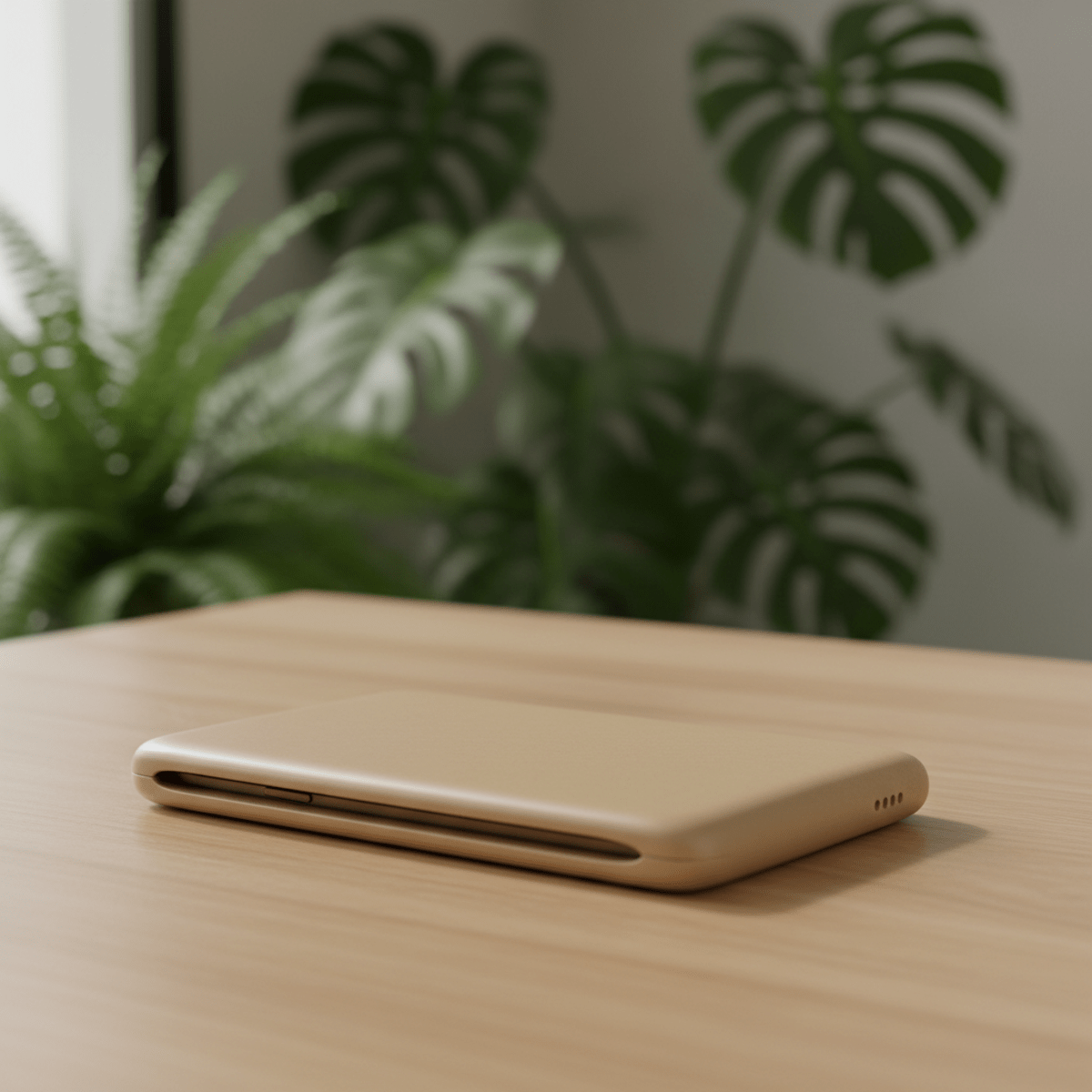 Sleek beige slider phone concept with a smooth matte ceramic surface on a wooden desk.