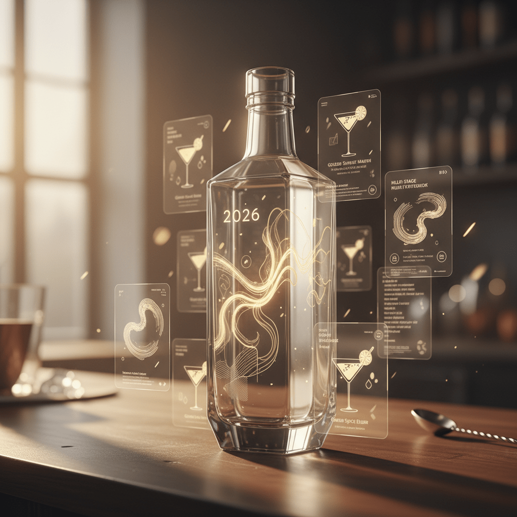 Elegant crystal vodka bottle with glowing augmented reality label and holographic cocktail recipes.