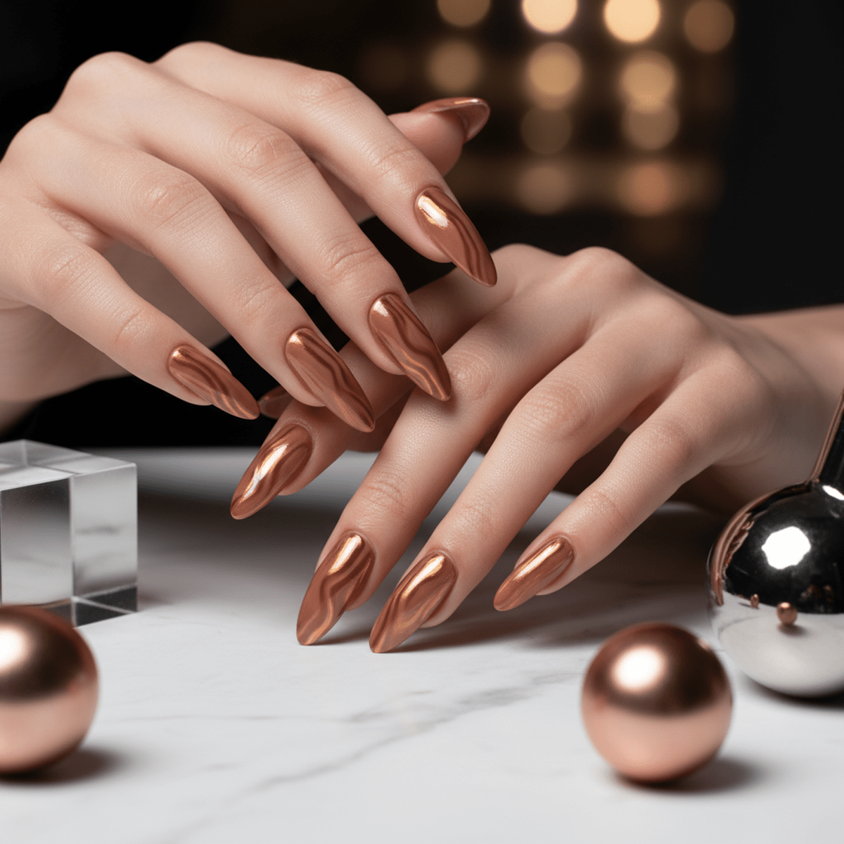 Elegantly posed hands with futuristic mocha mousse nails, a warm, silky brown with molten chrome.