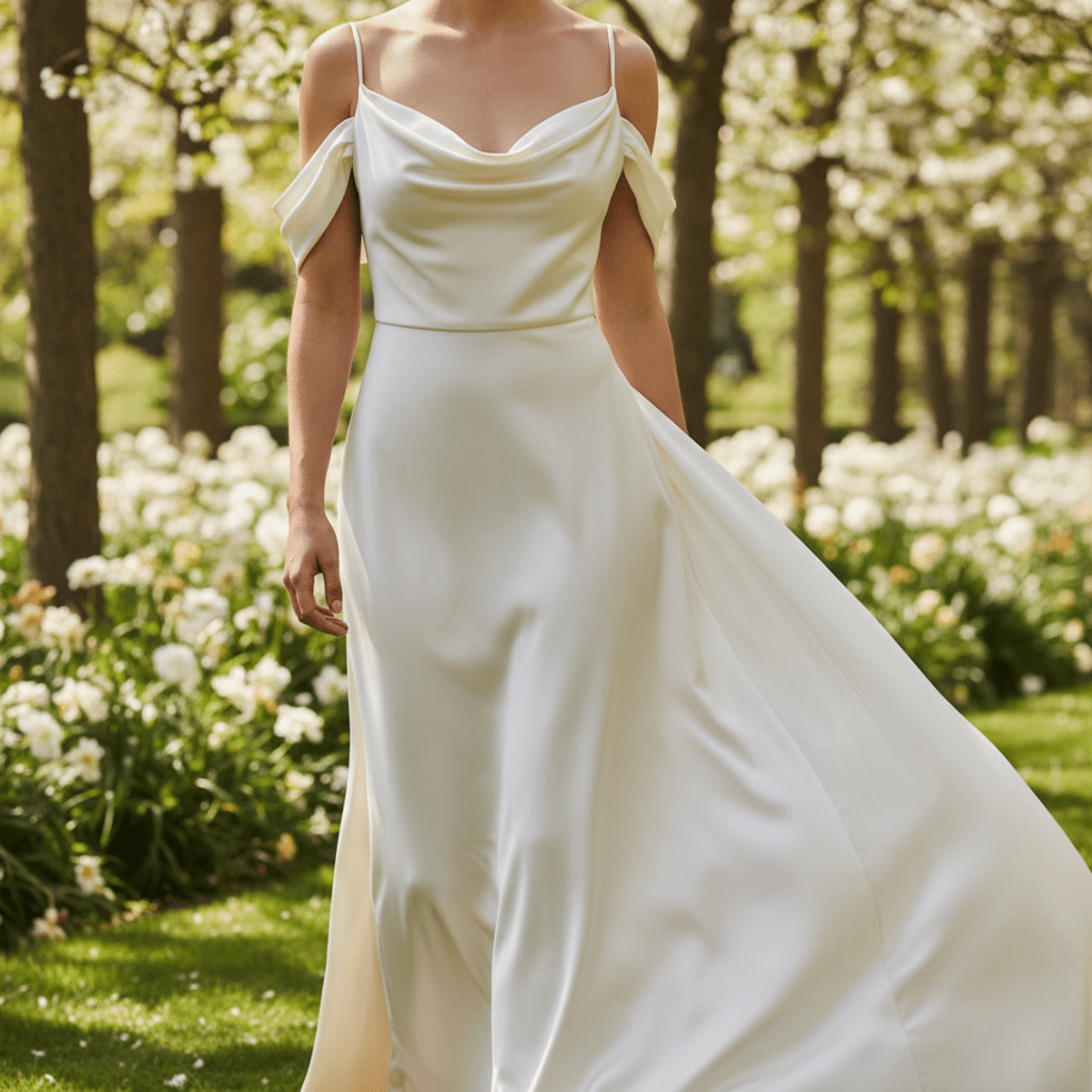 Goddess-inspired cold shoulder dress with flowing cowl neckline in pearl satin.
