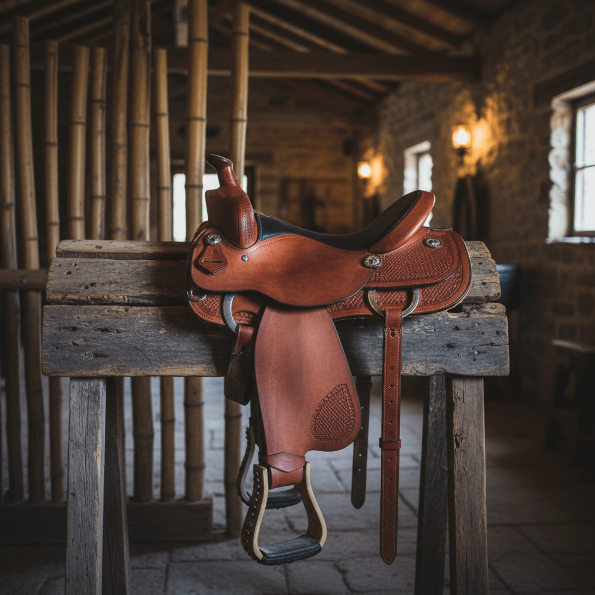 Reclaimed barn wood saddle rack holding a premium leather saddle with visible wood grain.