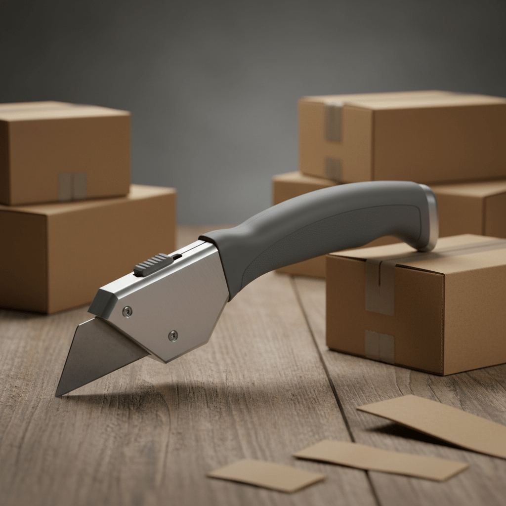 Ergonomic cardboard cutter with cushioned grip on a wooden workbench.