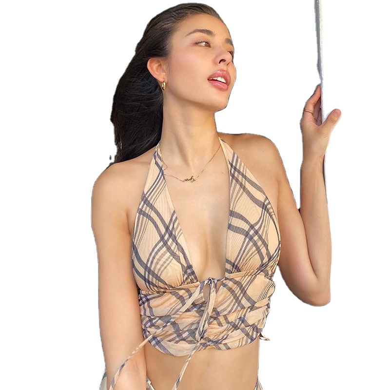 Женский клетчатый топ на бретелях с v-образным вырезом, на шнуровке, цвета хаки, корсет на бретельках, топ без рукавов