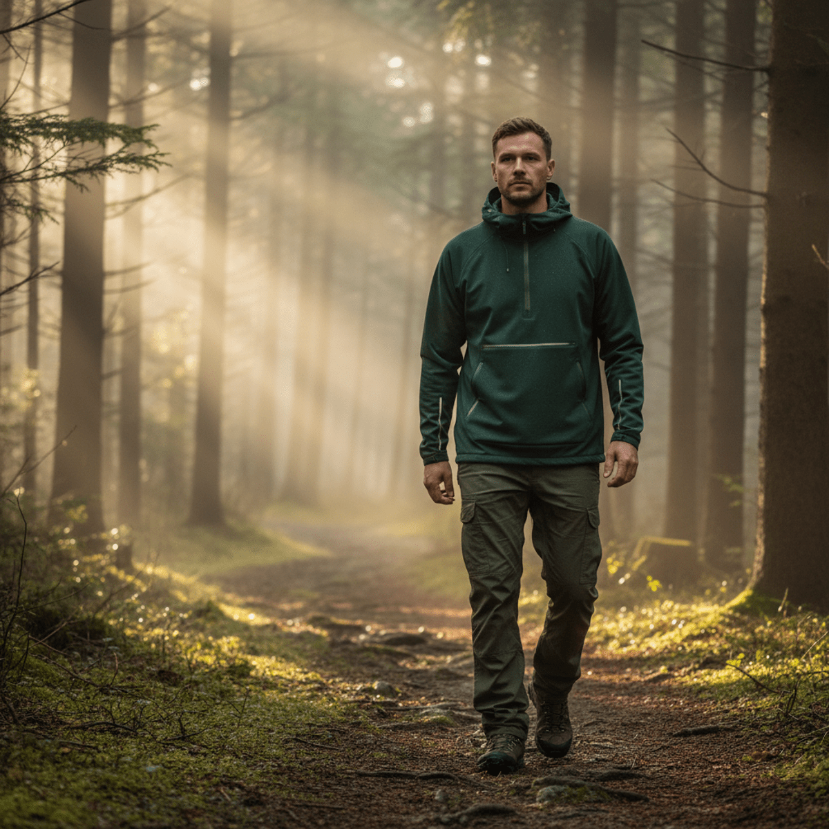 Man in technical green hoodie walks misty forest trail at dawn.