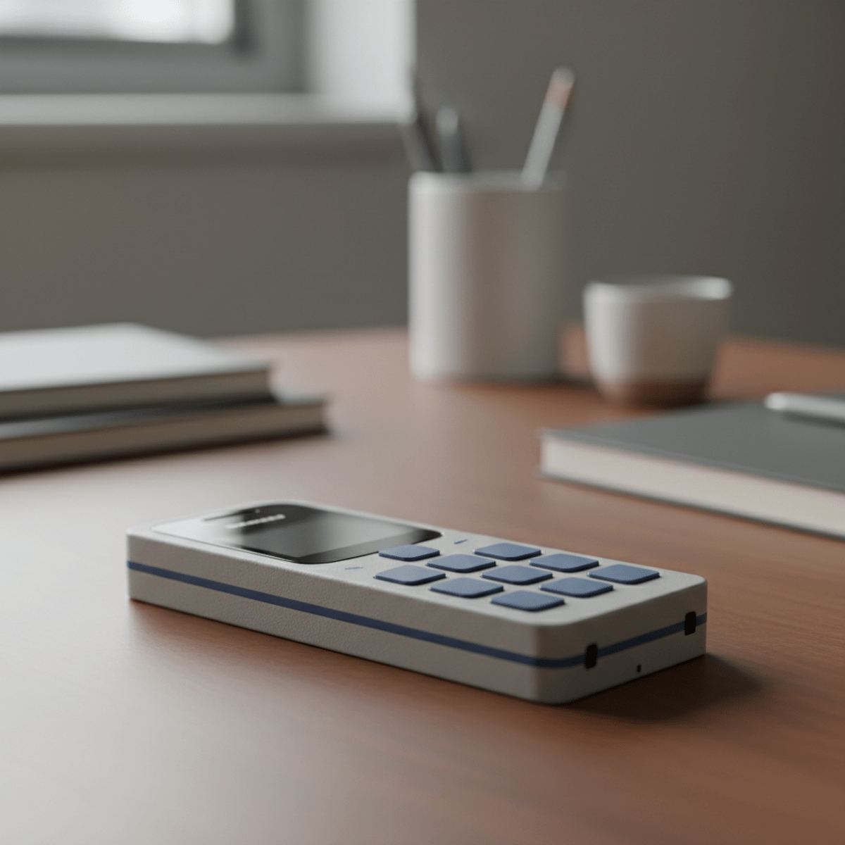 Close-up of a retro candy bar phone with tactile buttons on a wooden desk.