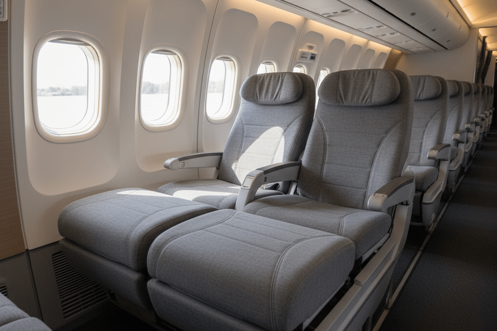 Wide shot of airplane cabin showcasing relaxed lie-flat economy seats under natural light, highlighting enhanced travel comfort trends