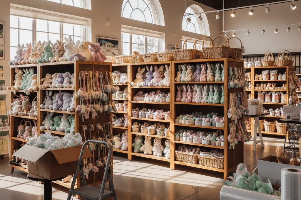 Pastel-colored Easter merchandise displayed on wooden shelves under warm natural light, highlighting strategic inventory planning
