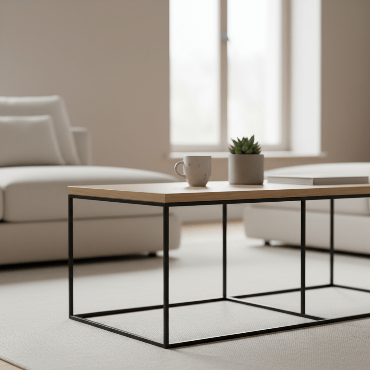 Minimalist coffee table with matte black steel frame and light oak top.
