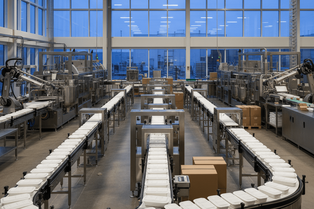Wide shot of an advanced industrial food production line under natural light, highlighting organization and scale without brand identifiers