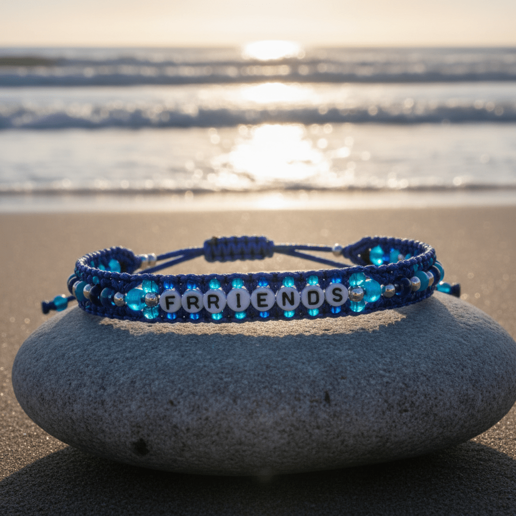 Blue friendship bracelet with Morse code beads on smooth stone surface.