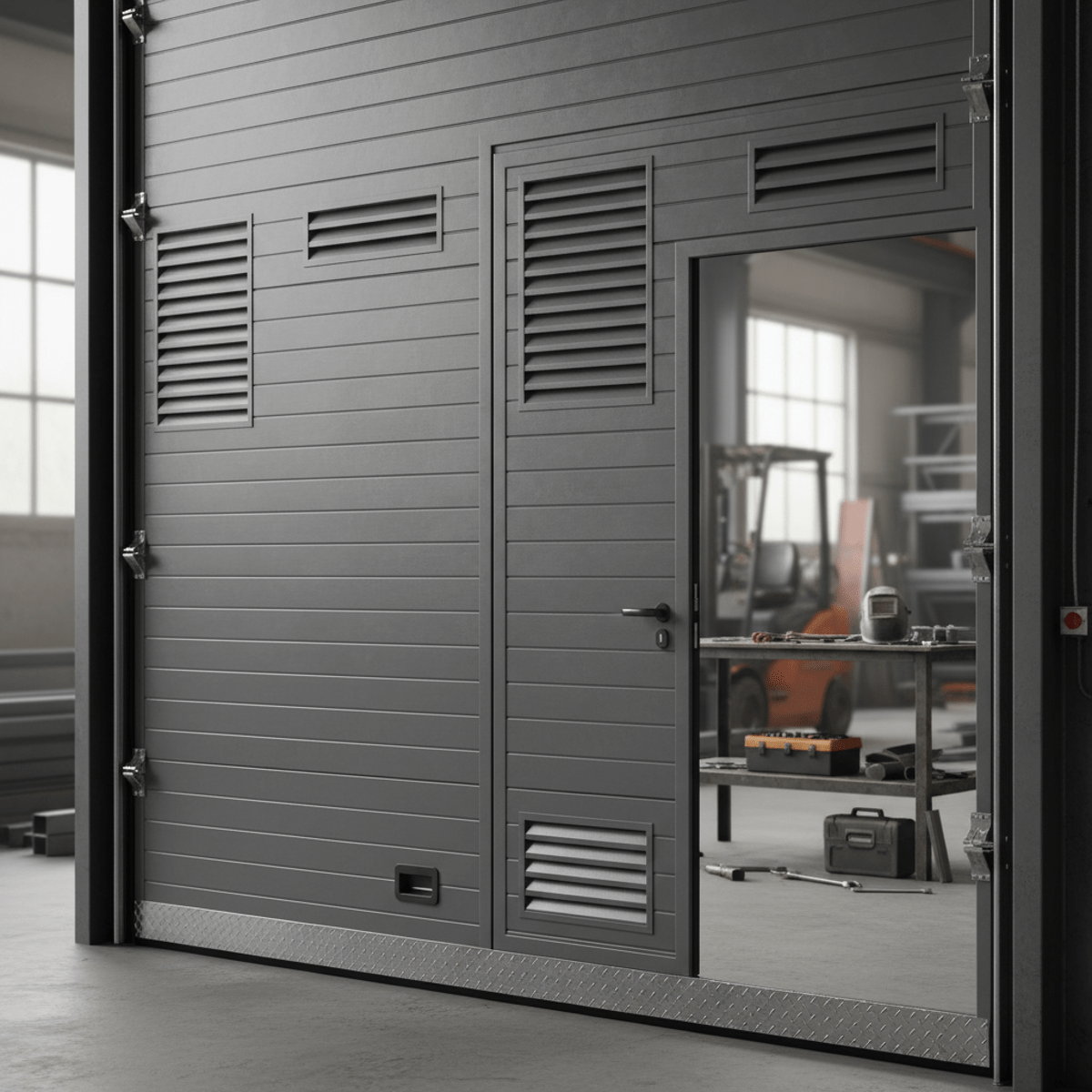 Heavily insulated steel garage door with integrated pedestrian door, matte gray finish.