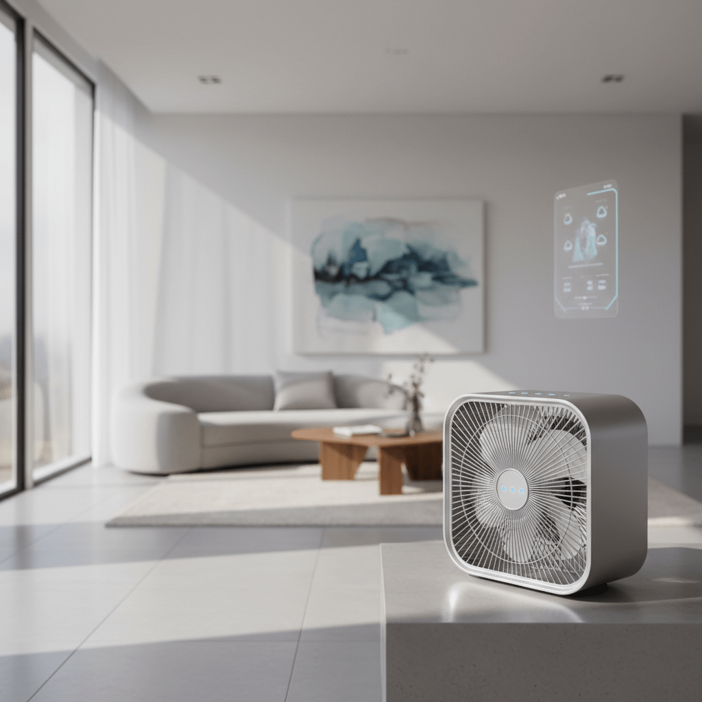 Modern minimalist box fan in contemporary living room Sleek minimalist box fan with metallic finish in a modern living room.