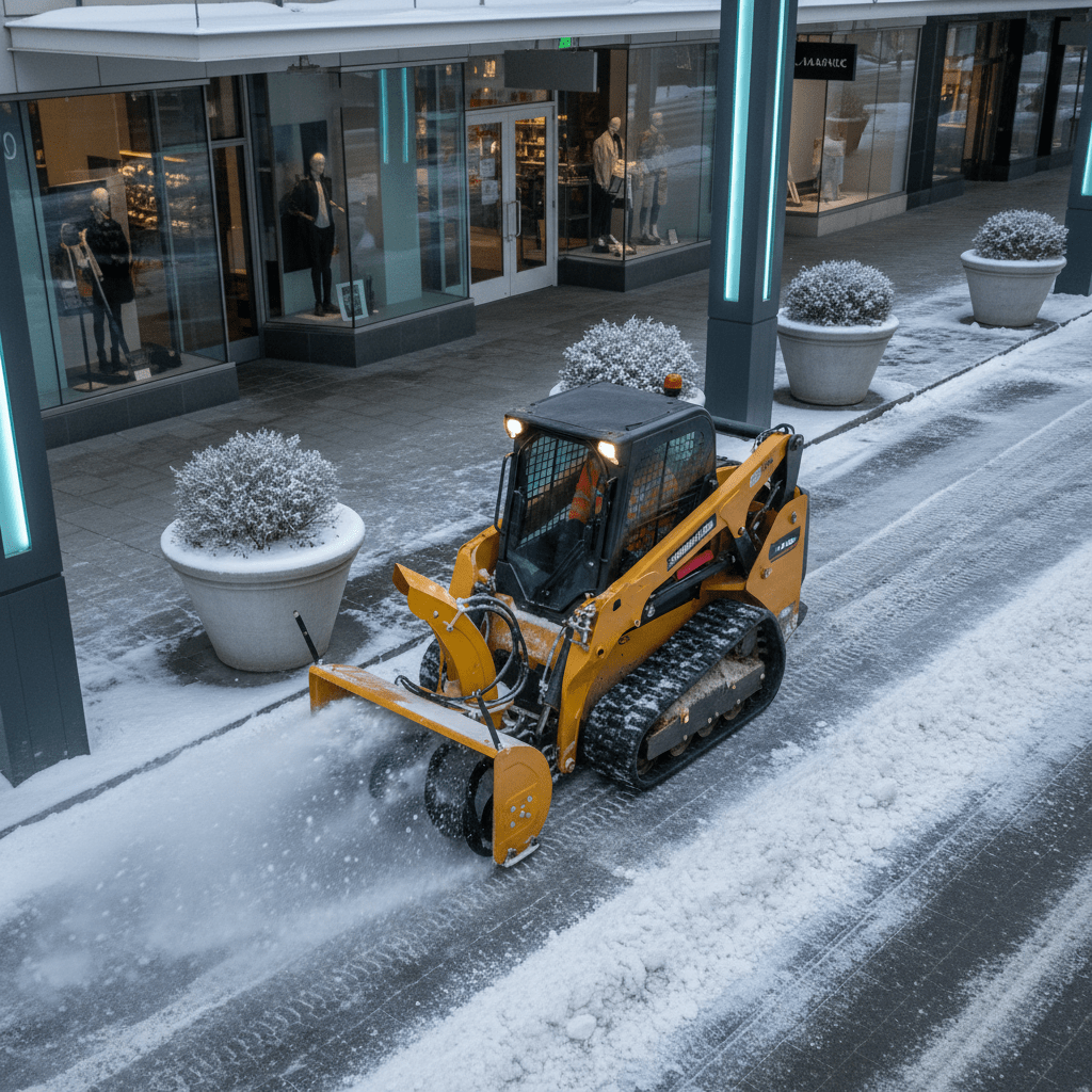 Mini skid steer with snowblower clears heavy snow from a frosted shopping center sidewalk.