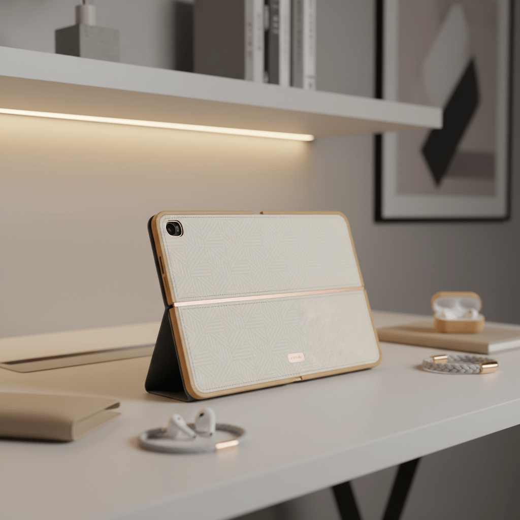 Foldable tablet in cream fabric with rose gold and bamboo accents on a modern desk.