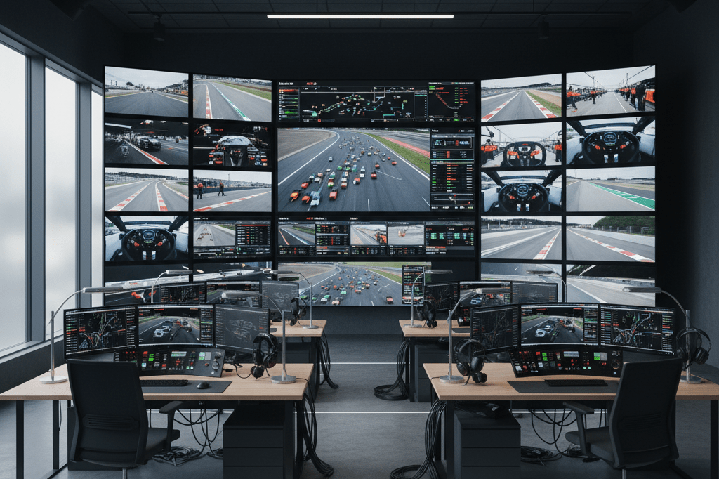 Modern sports broadcasting setup with telemetry displays and organized tech gear under ambient lighting