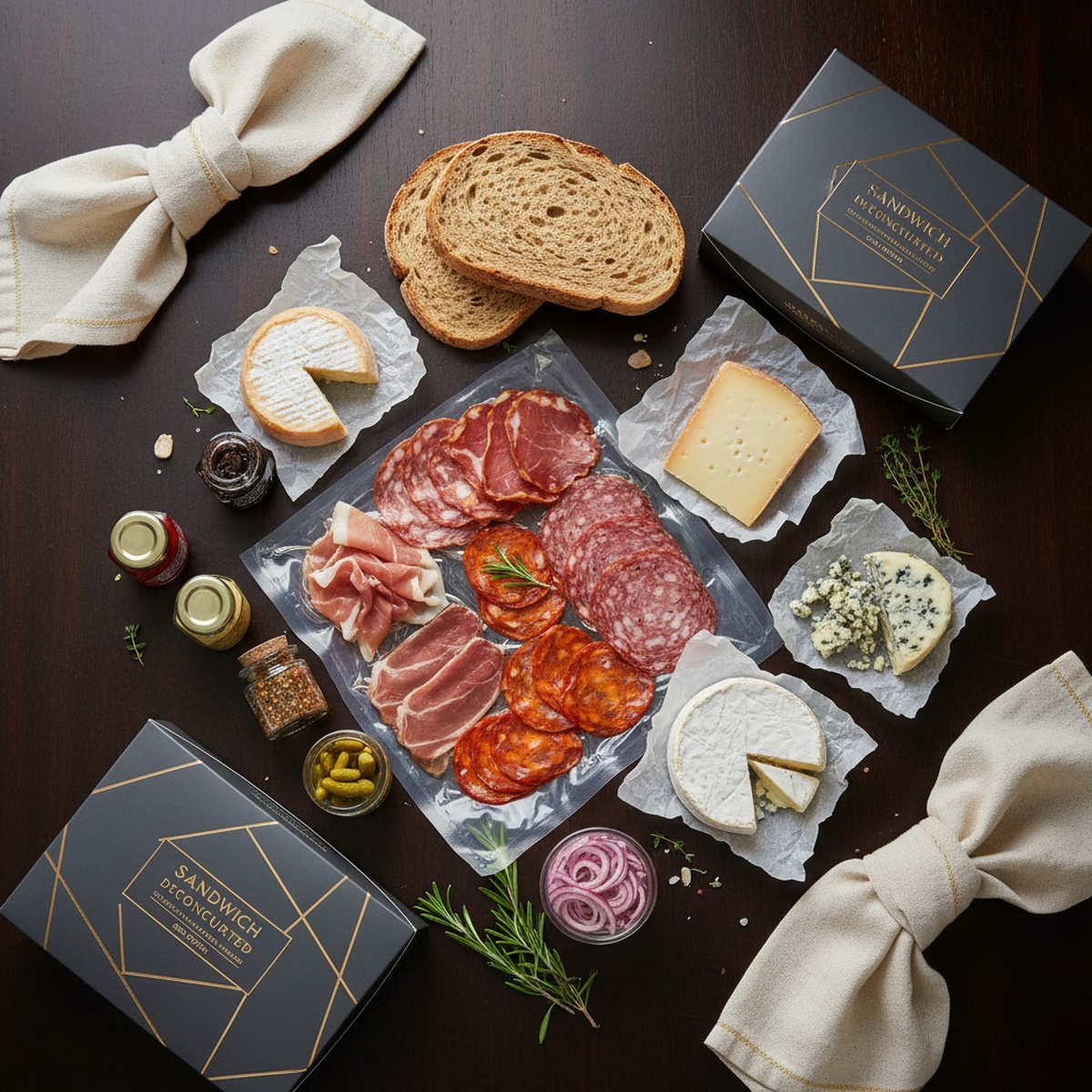 Deconstructed sandwich kit with gourmet ingredients in elegant packaging.