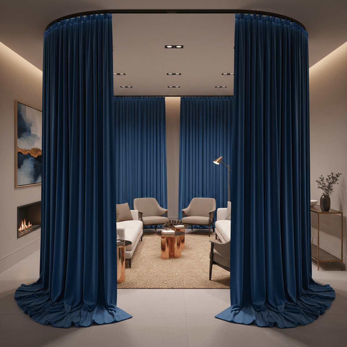 Elegant living room with jewel-toned velvet curtains. Sophisticated living space with sapphire blue velvet curtains and minimalist decor.