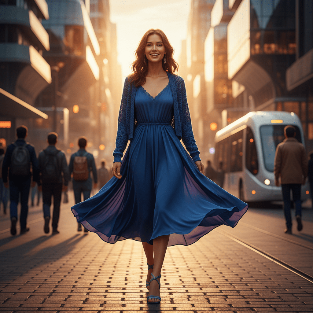 Young woman in a vibrant cobalt blue dress walks on a sunlit urban street.