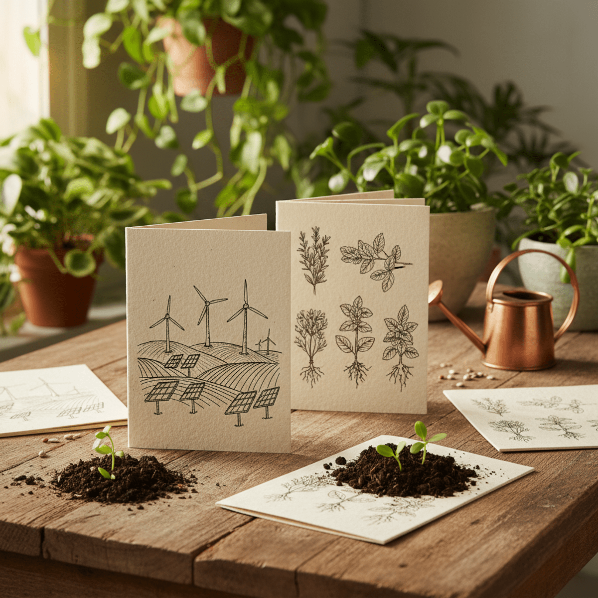 Mini coloring books made of seed paper with renewable energy and herb designs.