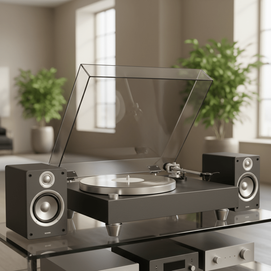 Modern LP player setup with minimalist speakers Modular LP player with sleek speakers on a glass shelf in a minimalist apartment.