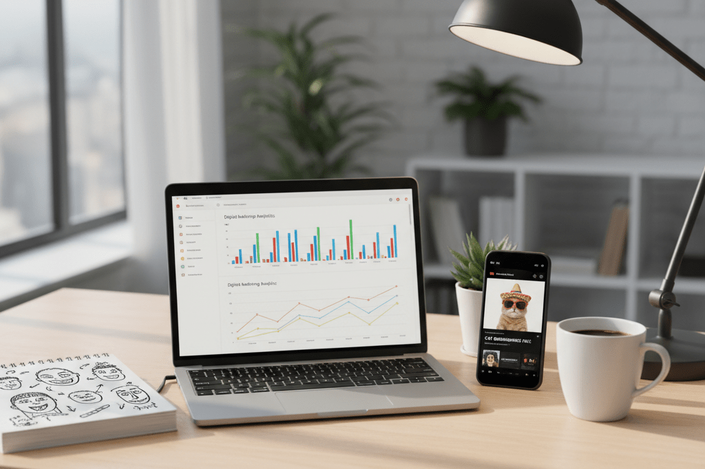 Desk setup featuring analytics, a phone with a viral video, and playful sketches, symbolizing creative engagement strategies