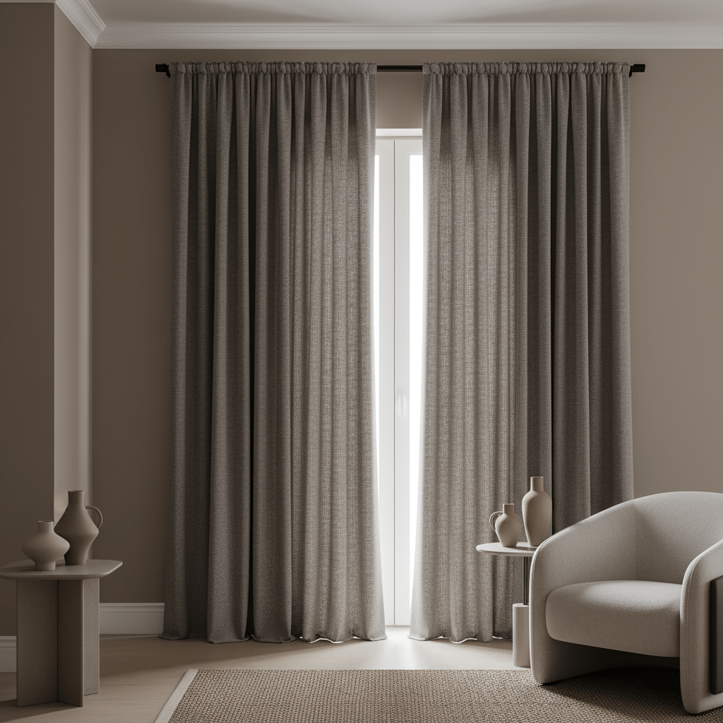 Modern bouclé curtains in a spacious living room. Modern bouclé curtains in mushroom gray with textured folds against a warm taupe wall.