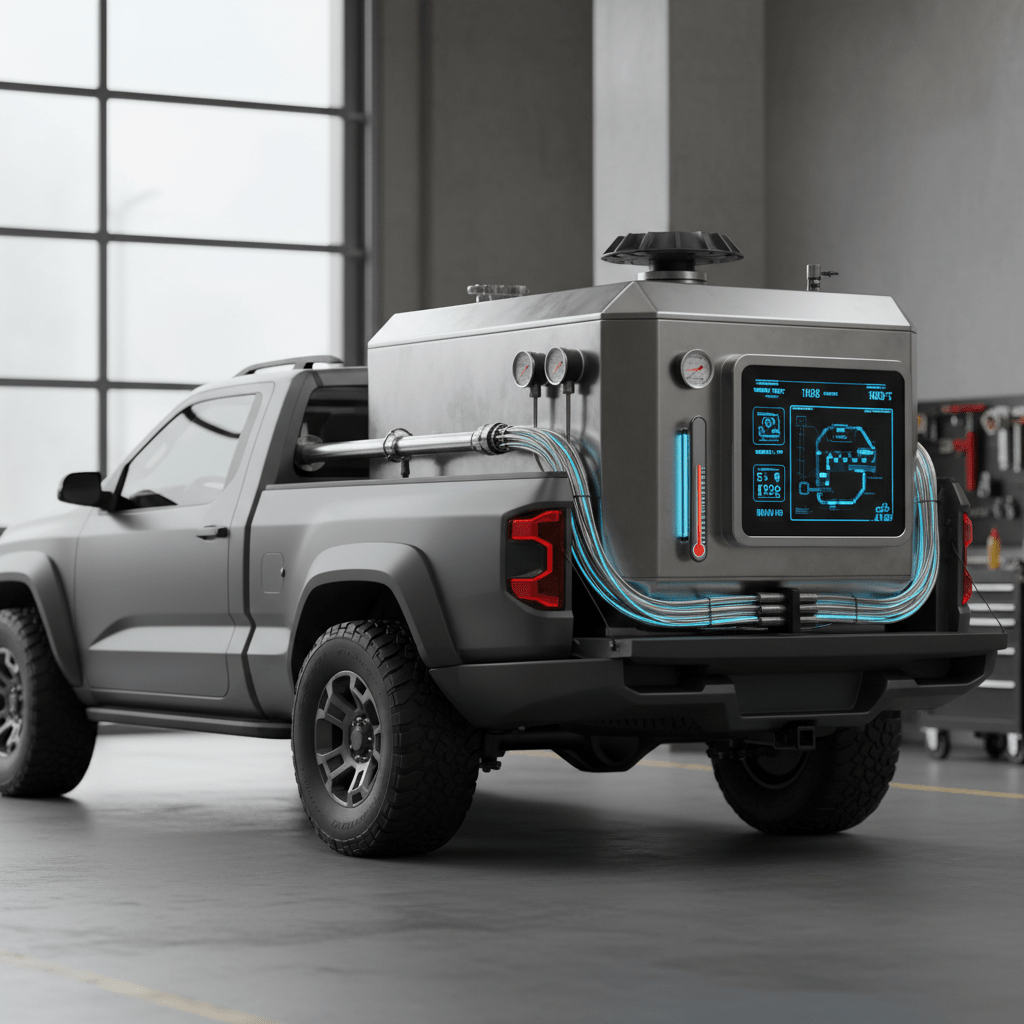 Sleek utility truck with integrated futuristic carpet cleaning system and IoT sensors.