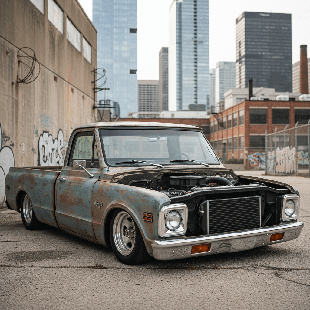 Weathered vintage pickup truck with powerful crate engine in modern urban setting.