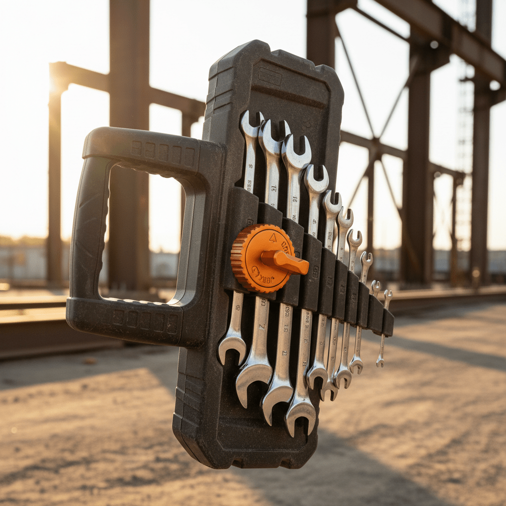 Portable wrench organizer with twist-lock mechanism against outdoor jobsite background.