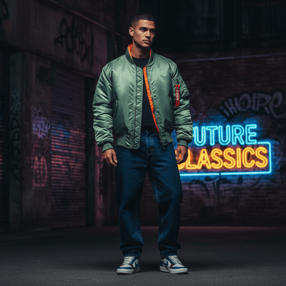 Male model in a sage green bomber jacket with orange lining, urban street setting.