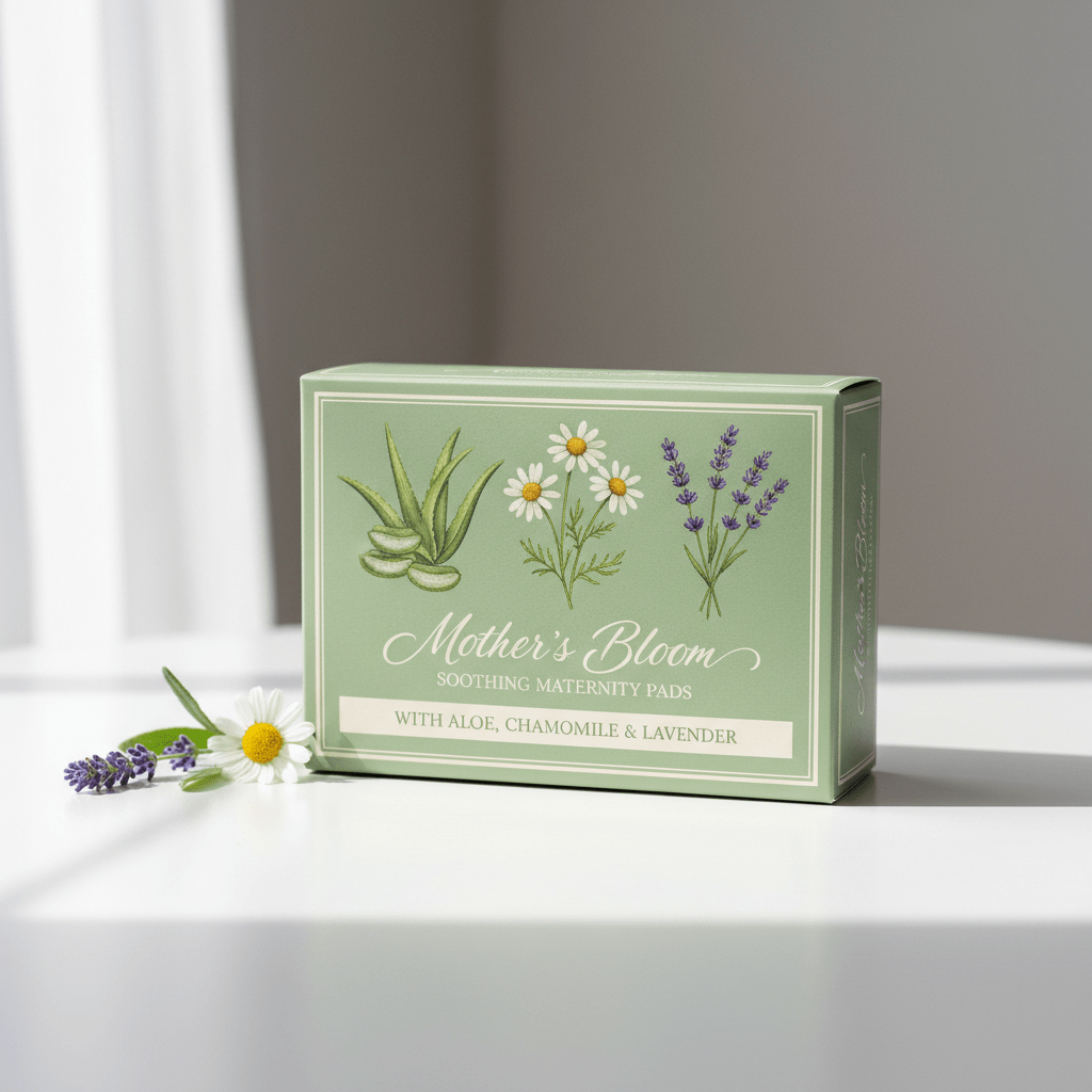 Maternity pad packaging with vintage botanical illustrations on a studio table.