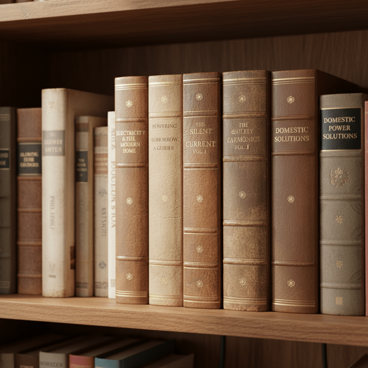 Home UPS disguised as realistic hardcover books on a wooden bookshelf.