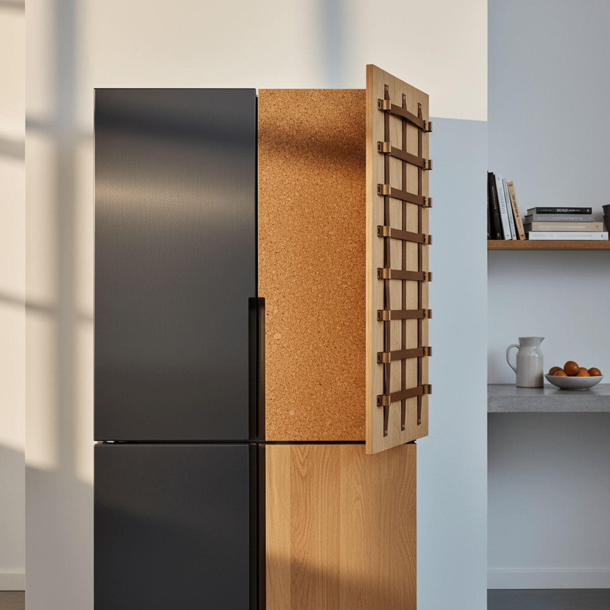 Modern refrigerator with modular swappable panels in charcoal, cork, and oak.
