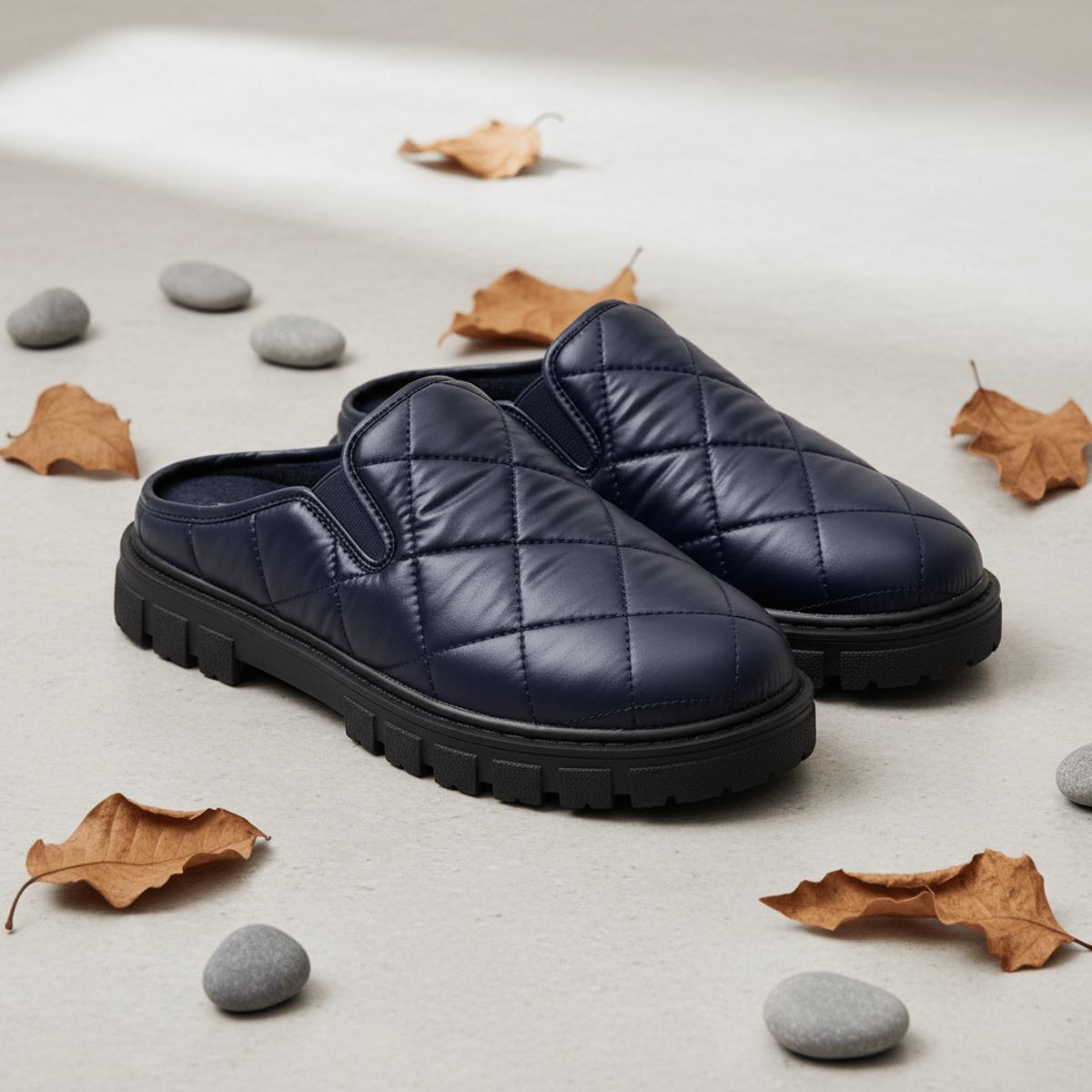 Close-up of navy glossy puffer mules with diamond quilting on a studio backdrop.
